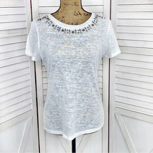 Sioni Studded Collar Slub Knit Burn Out T-shirt White Small